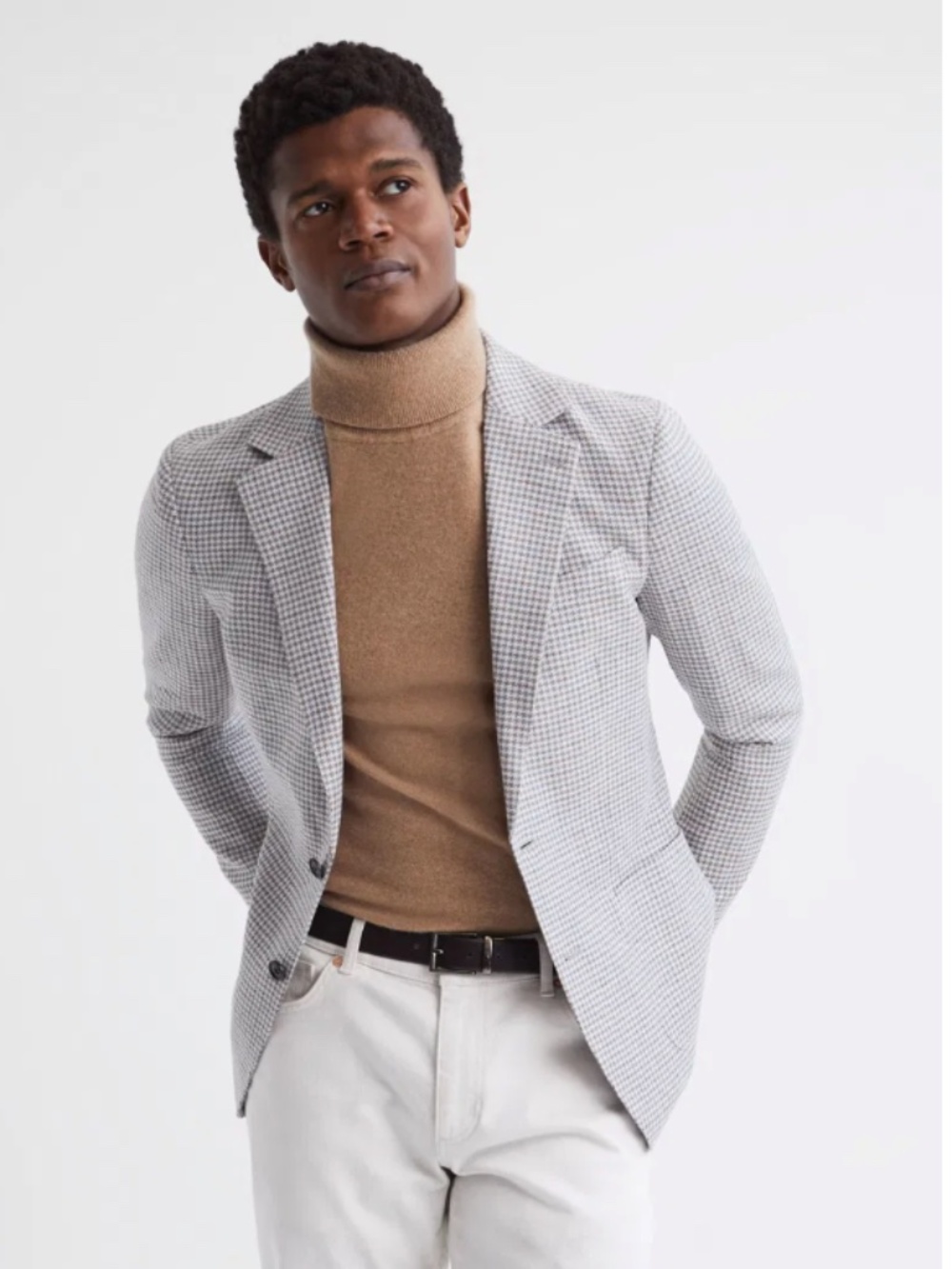 REISS Huntington Blazer Mens 42 Tan Blue Houndstooth Single Breasted Linen Blend